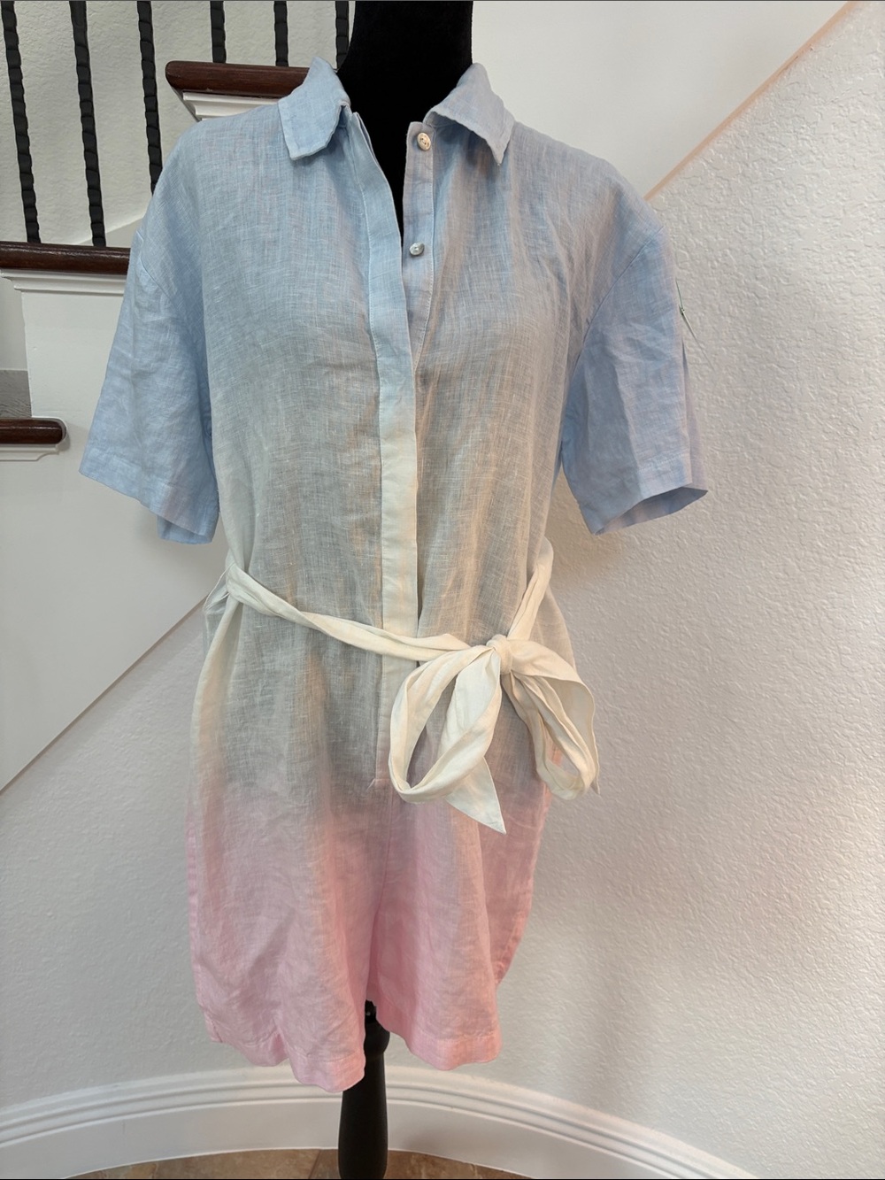 Lilly Pulitzer Pastel Blue to Pink Ombre Linen Romper with White Sash
